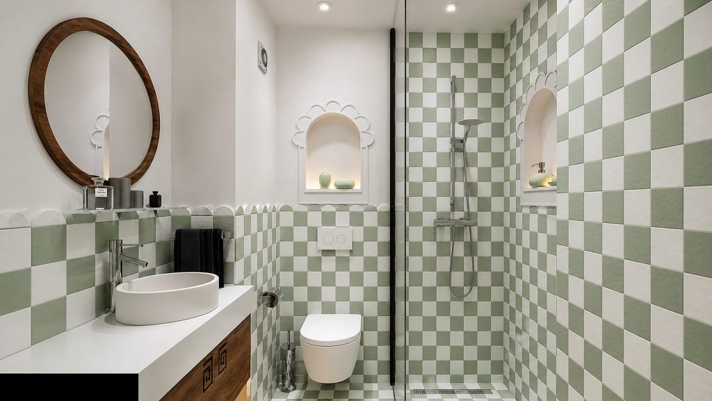 Salle de bains avec carrelage vert et blanc dans un projet à Marrakech
