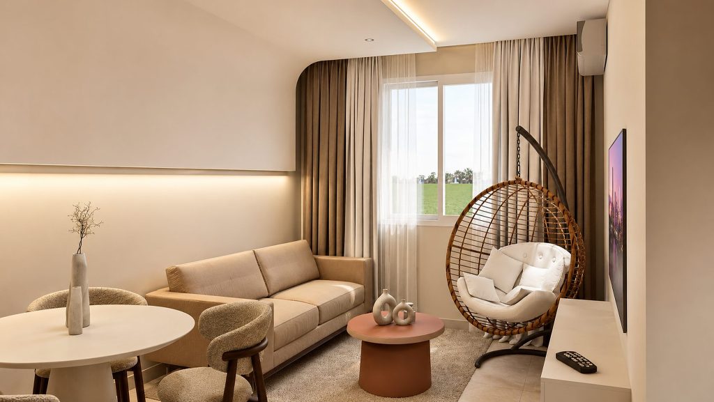 Salon lumineux et compact aménagé pour un appartement