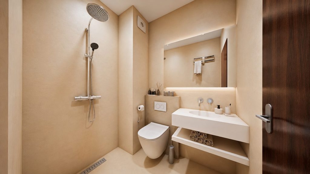 Salle de bains beige avec tadelakt et équipements intégrés