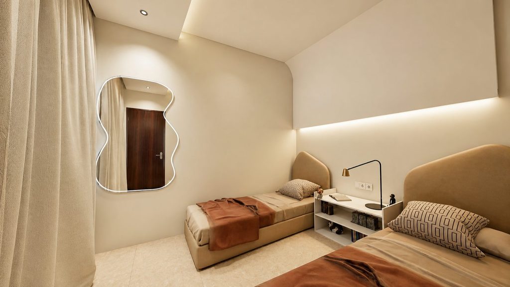 Étude d’une chambre compacte avec mobilier et éclairage intégrés