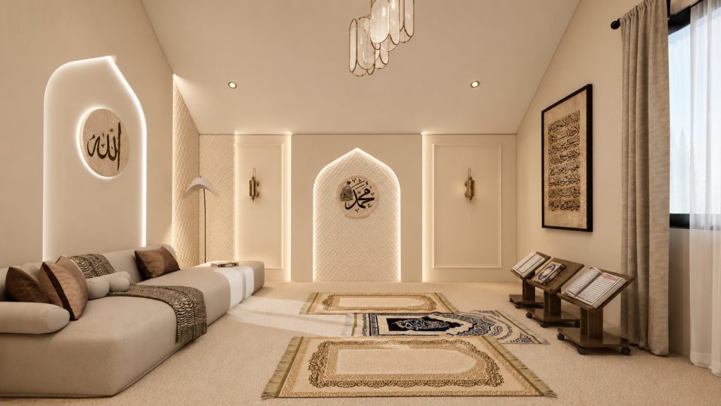 Coin prière de Ramadan avec calligraphie arabe dorée, arches lumineuses et tapis de prière dans un intérieur marocain contemporain