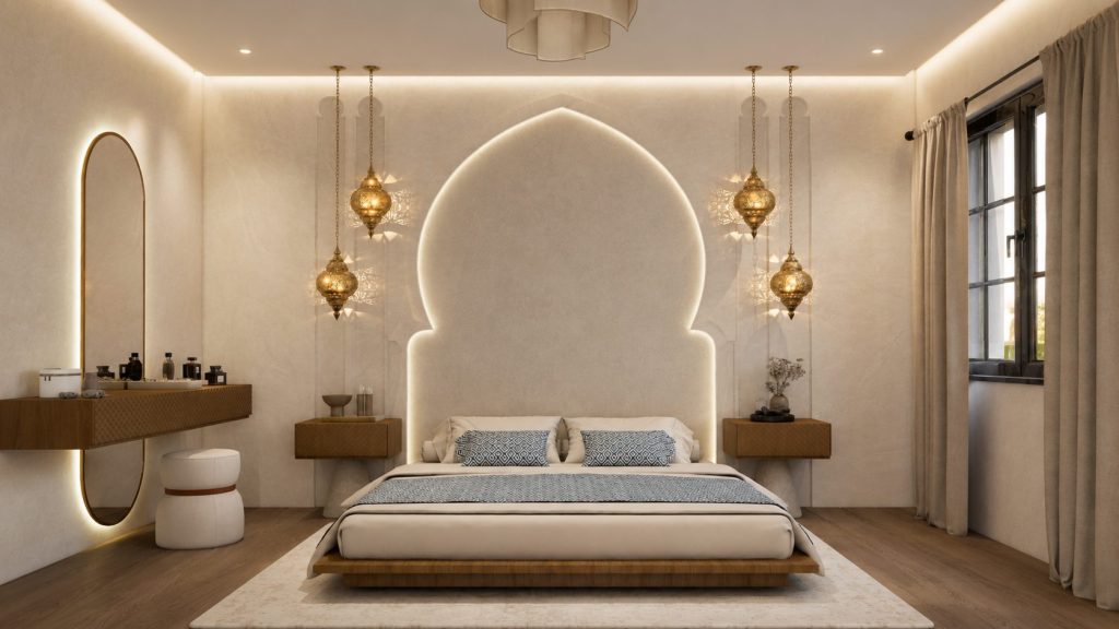 Chambre marocaine décorée pour Ramadan avec lanternes fanous dorées suspendues et arche rétroéclairée