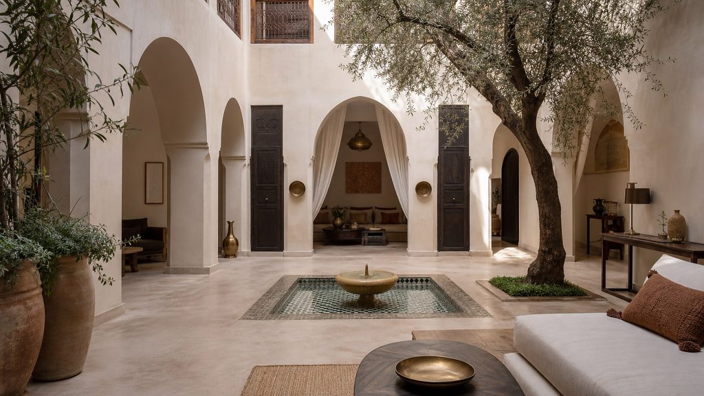 Patio de riad à Marrakech avec arches, bassin et olivier