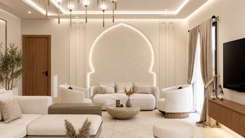 Grande arche marocaine rétroéclairée dans un salon contemporain décoré pour le mois de Ramadan