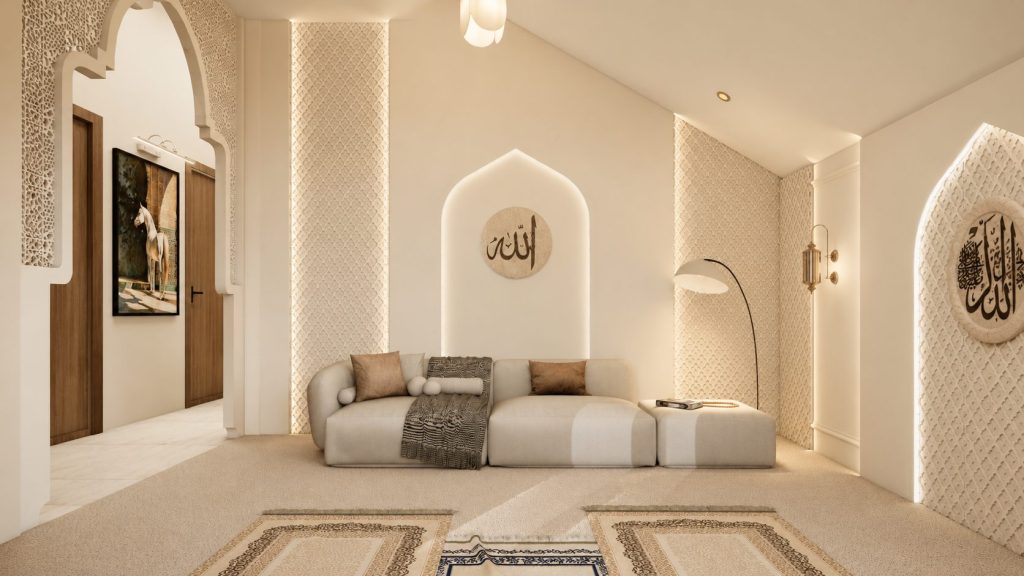 Salle de prière familiale décorée pour Ramadan avec calligraphie islamique, banquettes confortables et tapis berbères