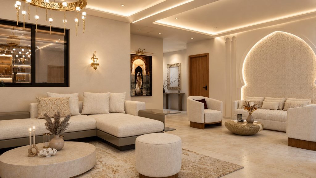Salon marocain de Ramadan avec doubles arches lumineuses, canapés à coussins généreux et bougies sur la table basse