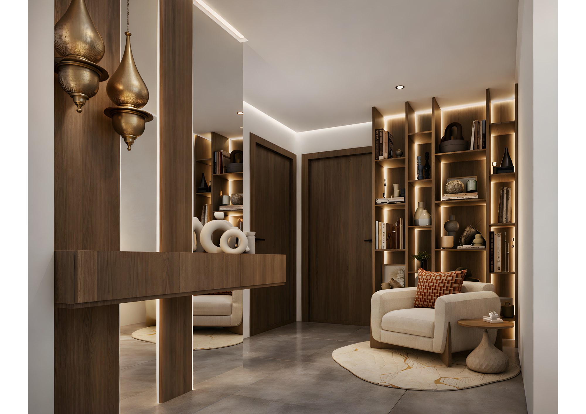 Coin lecture et bibliothèque sur mesure d’un duplex Airbnb à Marrakech avec bois, lumière intégrée et objets décoratifs