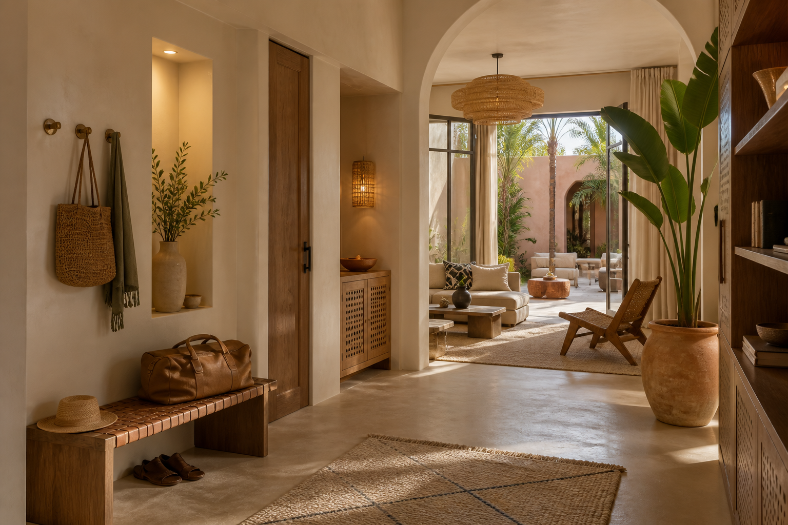 Entrée chaleureuse d’une location saisonnière contemporaine à Marrakech ouverte sur un salon et un patio