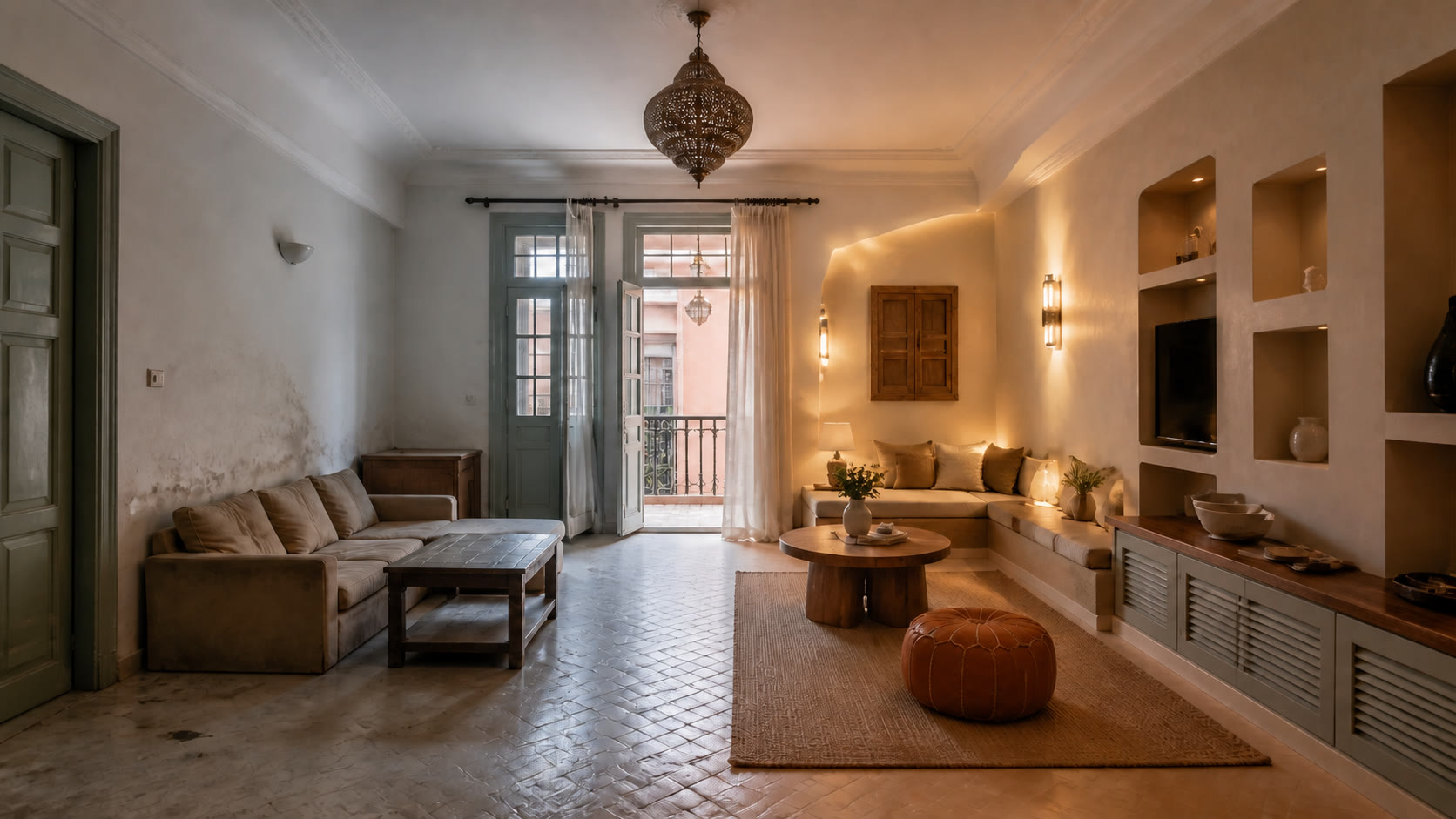 Salon de location saisonnière à Marrakech partagé entre un intérieur usé avant rénovation et un espace marocain contemporain après rénovation
