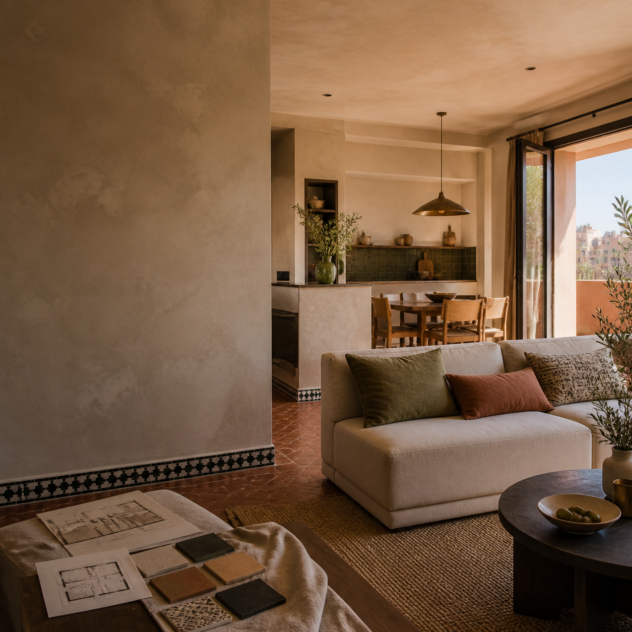 Salon contemporain d’un appartement marocain à Guéliz avec matières naturelles et lumière chaude