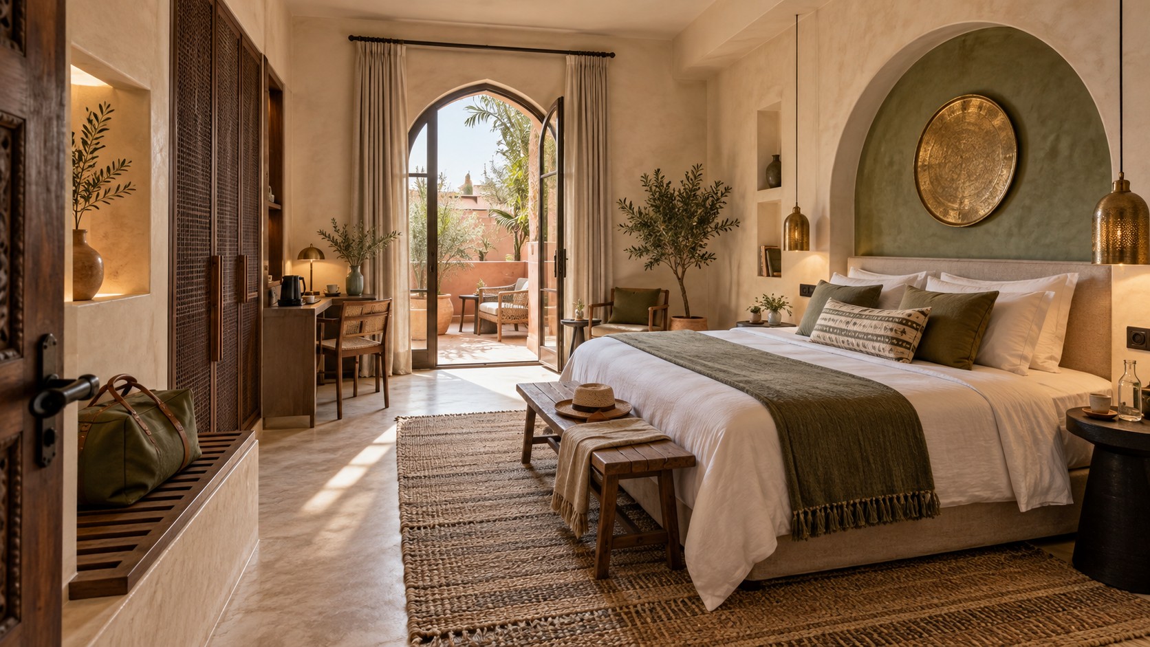 Chambre d’un Airbnb contemporain à Marrakech avec rangement, coin travail, terrasse et espace pour les bagages