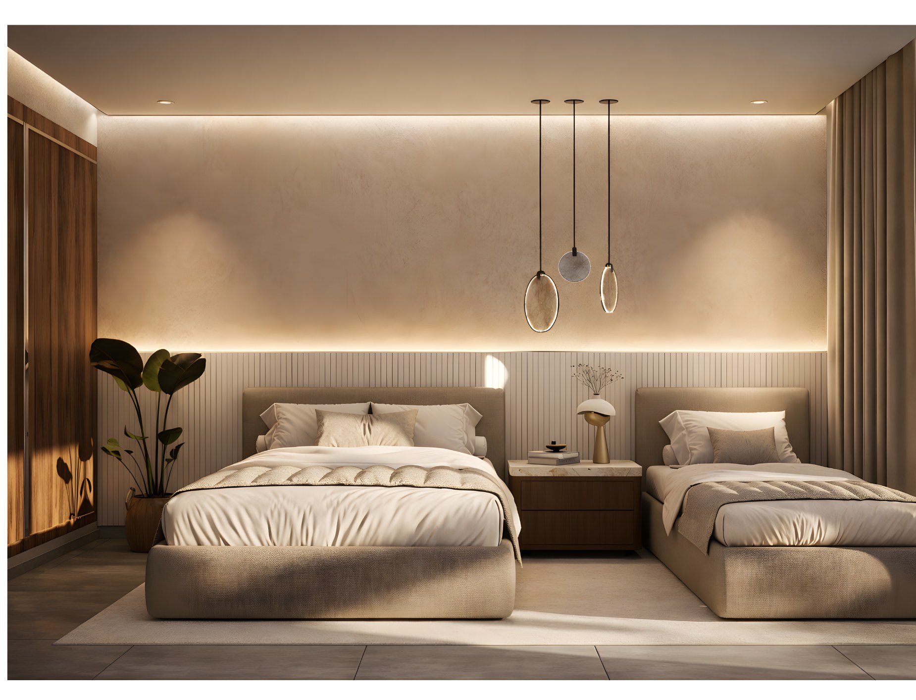 Chambre flexible avec deux couchages dans un duplex Airbnb à Marrakech, éclairage intégré et rangement latéral