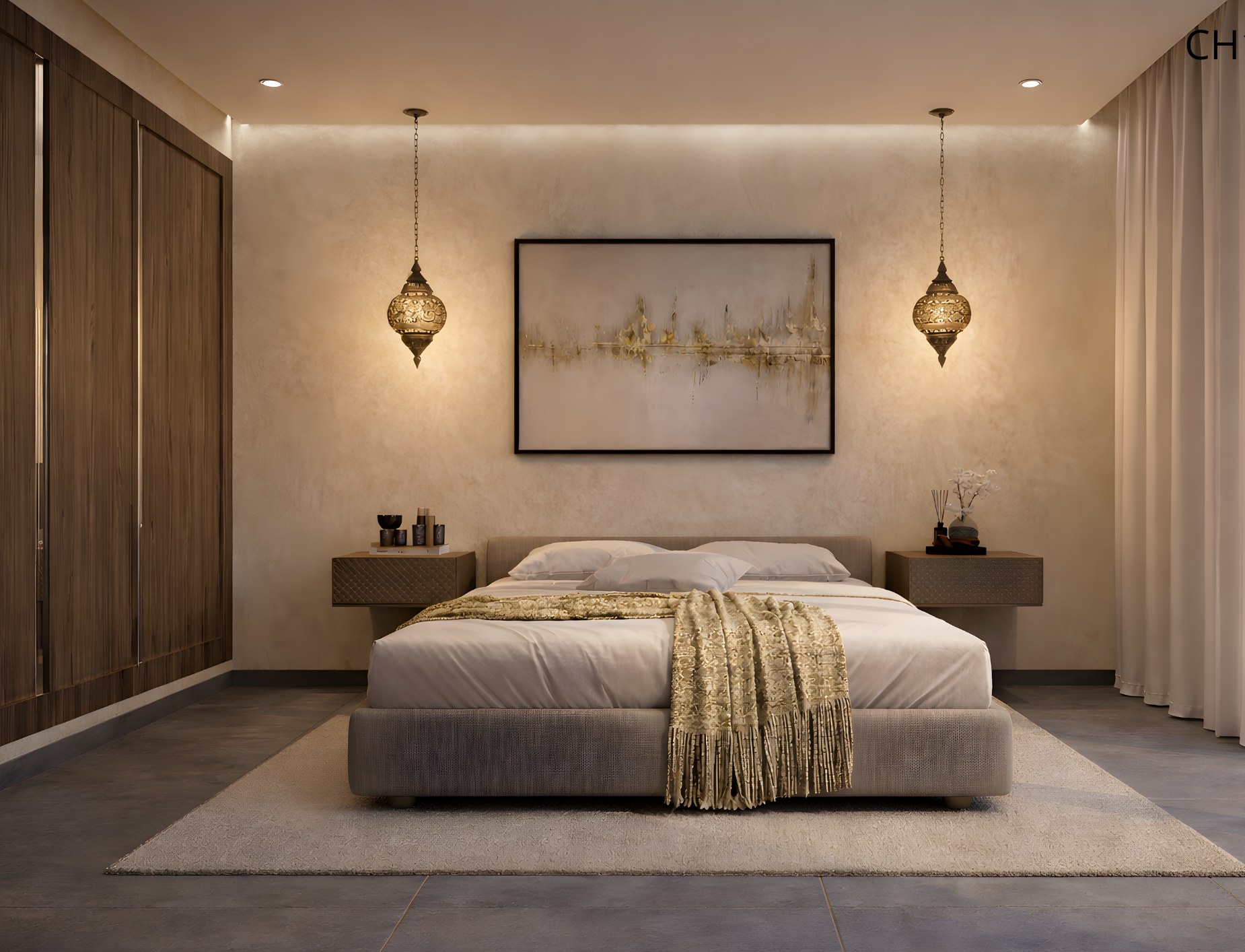 Chambre principale contemporaine d’un projet Airbnb à Marrakech avec deux liseuses, tables de nuit et rangement intégré